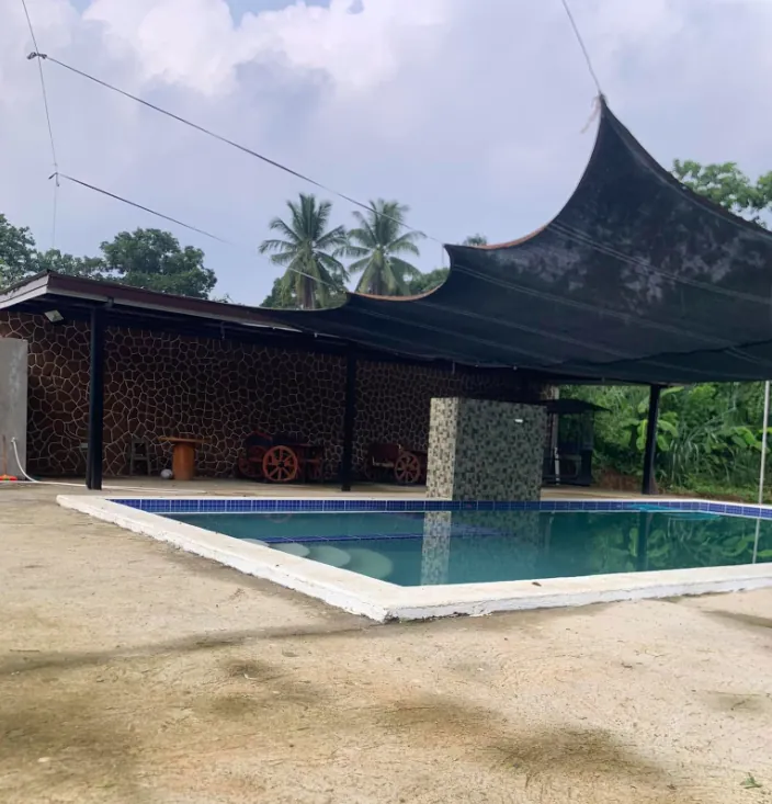 The swimming pool beside a covered pavilion with a sweeping native-style roof